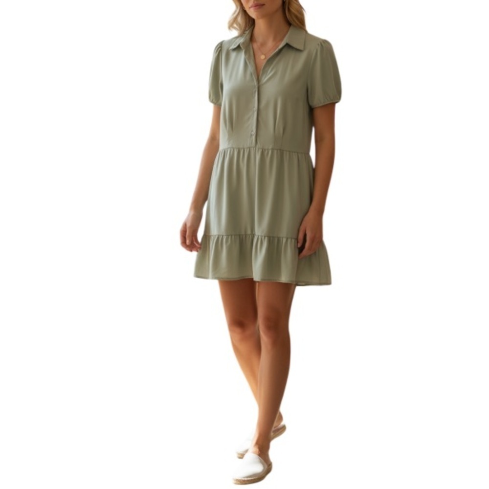 BEBOP NWT Sage Green Ruffle Short Puff Sleeve Dress Button Front Childhood XL
